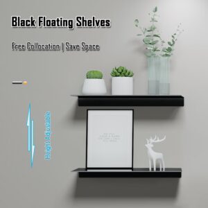 HNVNER Metal Floating Shelves Set of 2, Length 30CM, Black Wall Shelf for Bathroom, Display Shelves for Wall Decorative for Living Room, Bedroom, Hallway, Office