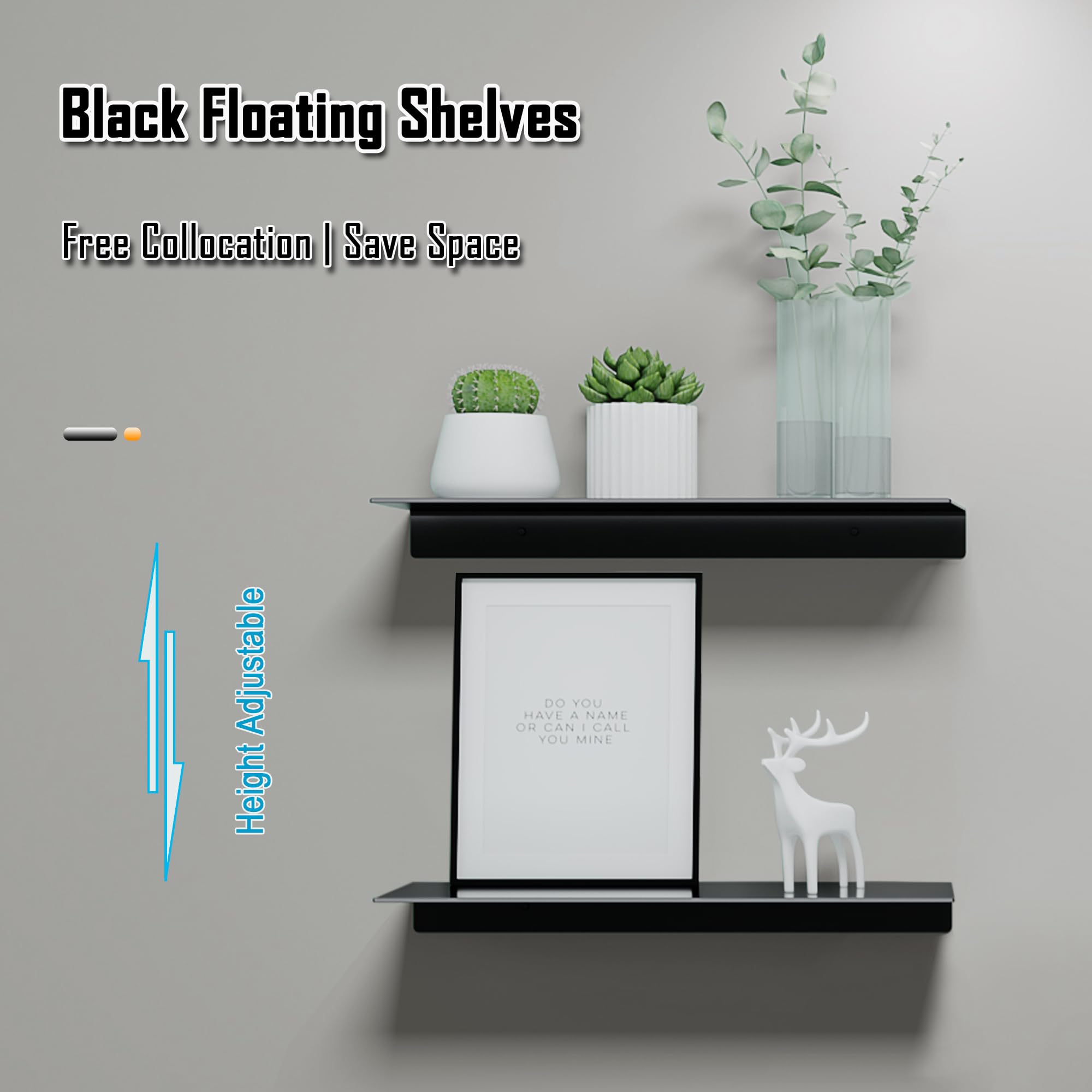 HNVNER Metal Floating Shelves Set of 2, Length 30CM, Black Wall Shelf for Bathroom, Display Shelves for Wall Decorative for Living Room, Bedroom, Hallway, Office