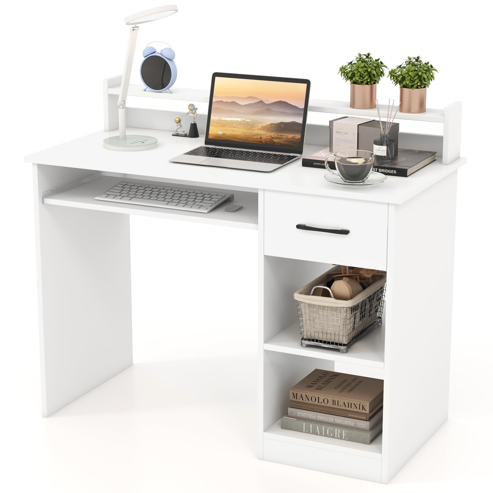 IFANNY Computer Desk, Office Desk with Drawers, Hutch, Keyboard Tray & Adjustable Shelf, Small Desk with Storage, Modern Home Office Desks, White Desk for Bedroom, Living Room, Study (White)