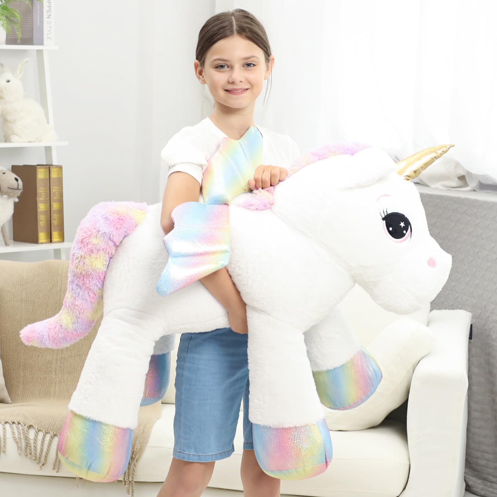 FFxiong 44 Inch Giant Unicorn Stuffed Animal Pillow, Cute Soft Big Unicorn with Rainbow Wings Large Plush Toy, Gifts for Girlfriend Girls Boys Kids Birthday Valentines Christmas