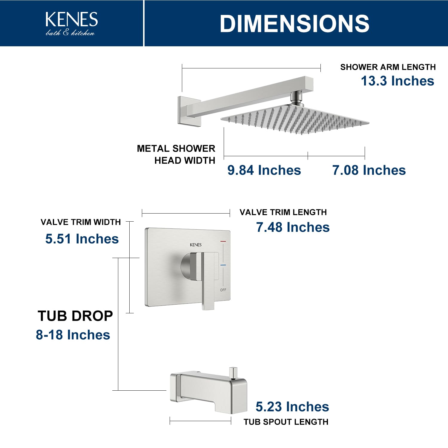 KENES Brushed Nickel Shower Faucet, Tub and Shower Trim Kit with 8-Inch Rain Shower Head, Modern Single-Spray Shower Faucet Set, KE-6024A (Shower Valve Included)