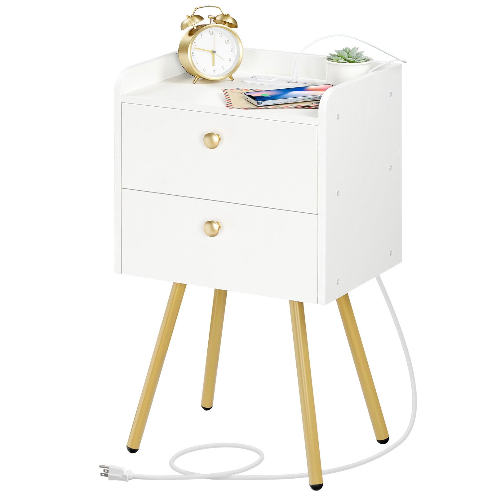 HOOBRO Nightstand with Charging Station, Modern Side Table with 2 Drawers, Stylish Sofa Side Table, Multiple Charging Ports, Metal Legs, Sofa Bedside Table, for Bedroom, White and Gold DW89UBZ01G1