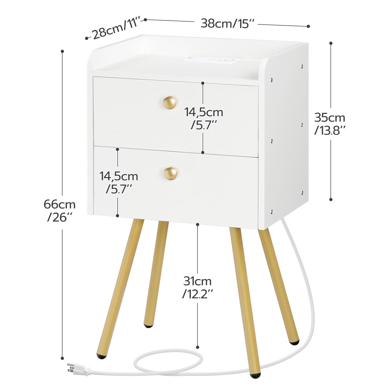 HOOBRO Nightstand with Charging Station, Modern Side Table with 2 Drawers, Stylish Sofa Side Table, Multiple Charging Ports, Metal Legs, Sofa Bedside Table, for Bedroom, White and Gold DW89UBZ01G1