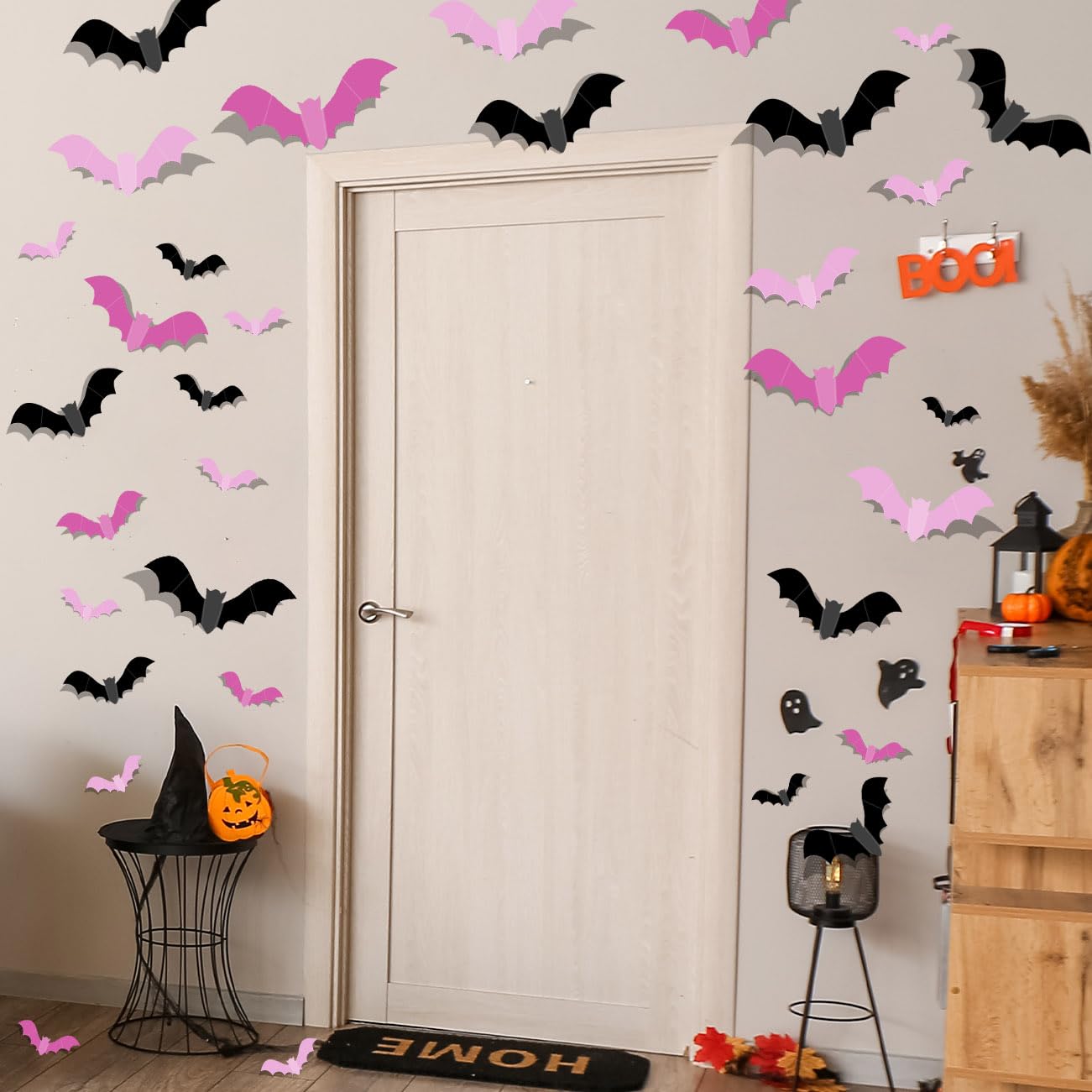 Pink Bats for Wall Halloween 3D Bats Blush and Black DIY Wall Decal Bathroom Indoor Cute Halloween Party Decorations, Pastel Halloween, PVC Wall Bat Stickers for Home (48pcs)