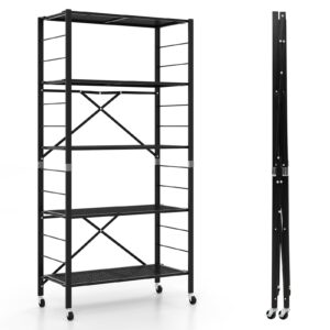 goflame 5-tier folding storage shelf, adjustable shelves with wheels, detachable shelving unit, large capacity, storage rack for garage, kitchen, balcony, living room, black