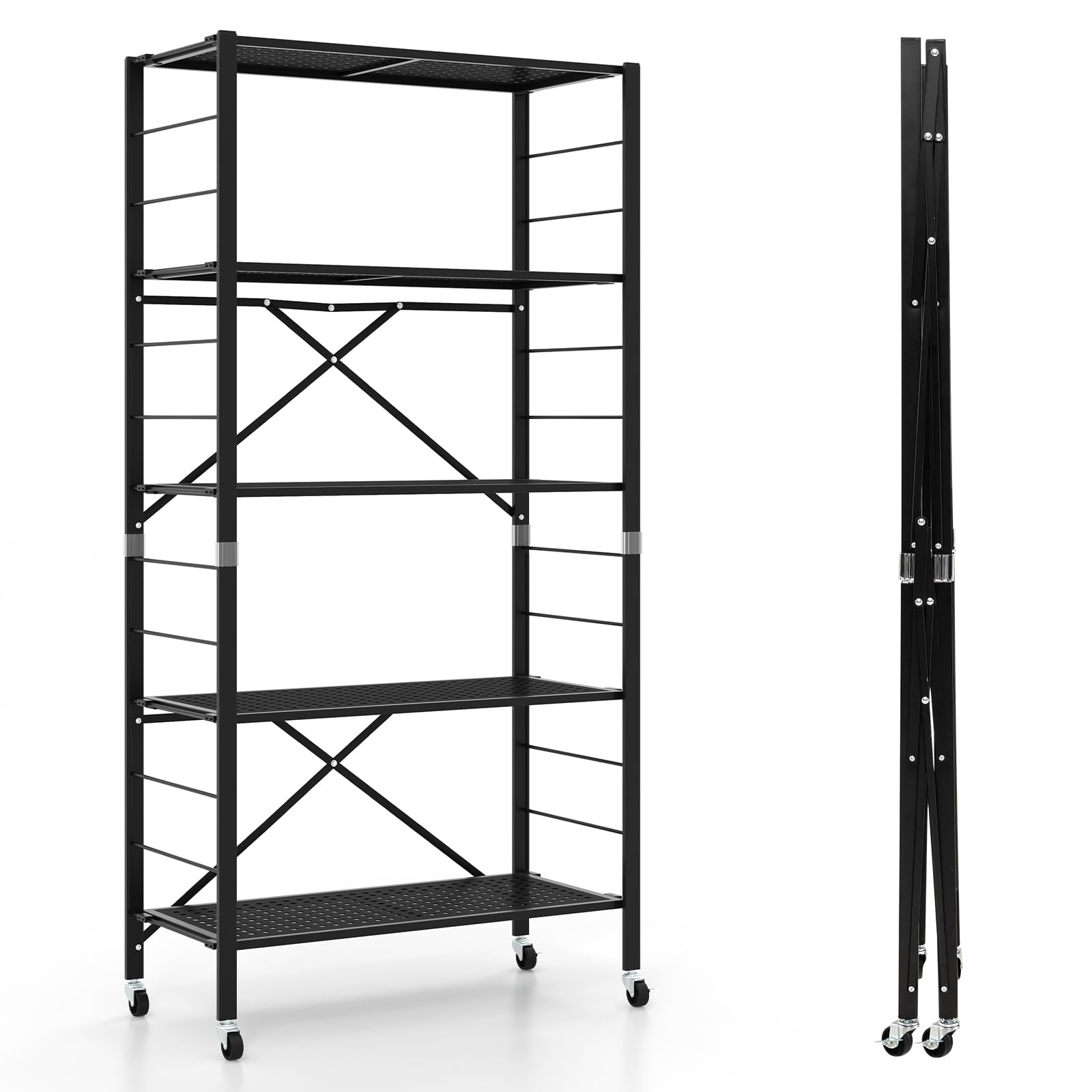 GOFLAME 5-Tier Folding Storage Shelf, Adjustable Shelves with Wheels, Detachable Shelving Unit, Large Capacity, Storage Rack for Garage, Kitchen, Balcony, Living Room, Black