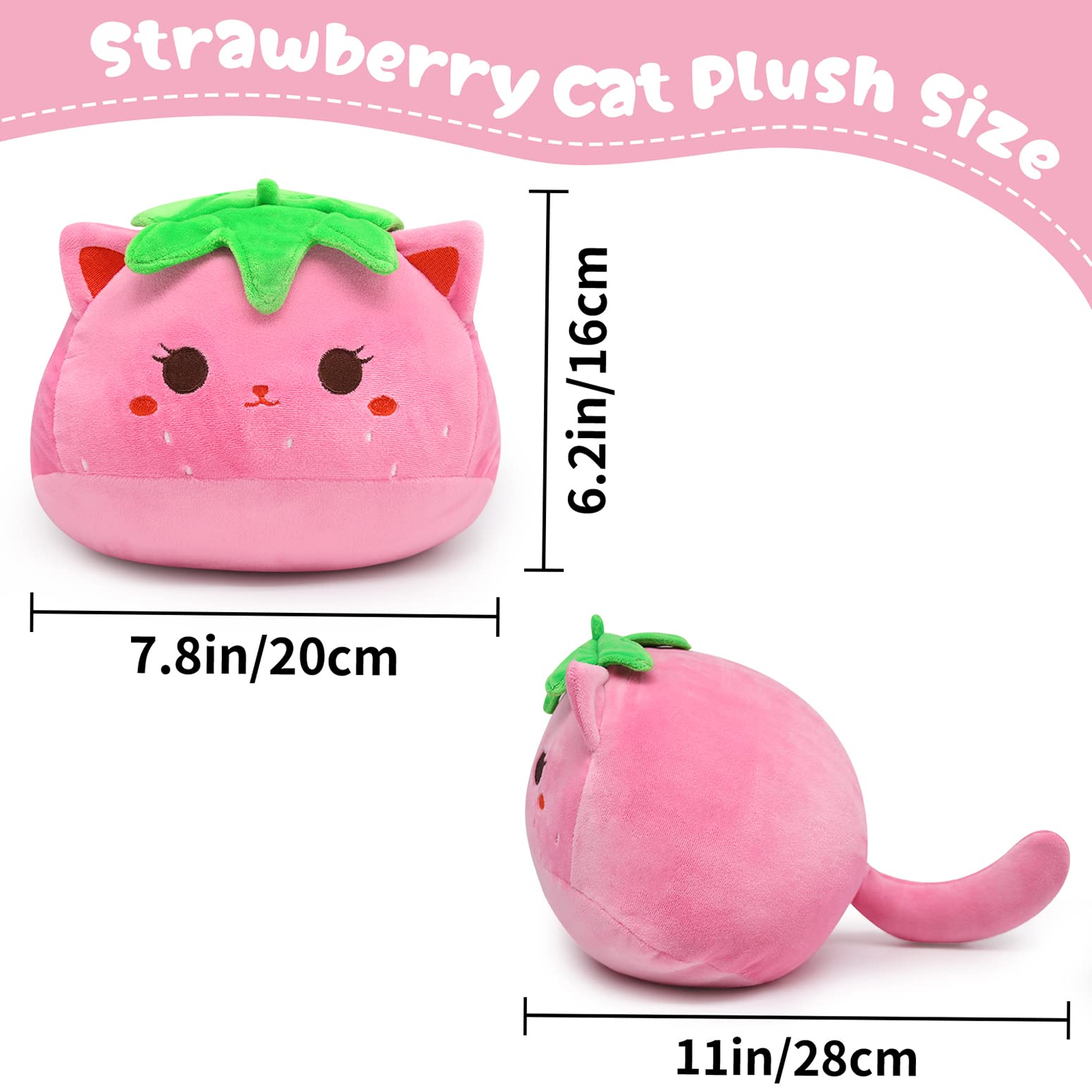 KOPHINYE Cat Plush Pillow, 12 Inch Strawberry Cat Plush Cute Cat Stuffed Animal, Pink Cat Plush Toy Soft Hugging Piilow for Kids, Girls and Boys, Birthday, Christmas, Home Decoration