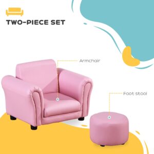 Qaba Kids Sofa Set with Footstool, Upholstered Armchair for Kids 18M+, Baby Sofa for Playroom, Children's Bedroom, Nursery Room, Pink