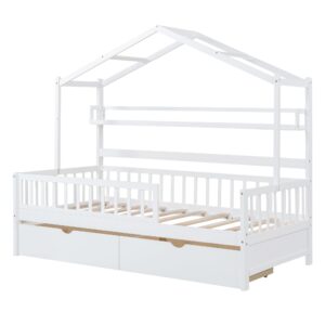 Harper & Bright Designs Twin House Bed with 2 Storage Drawers, Kids Twin Platform Bed Frame with Storage Shelves, Fence and Roof, Tent Bed, Wood Playhouse Bed Twin for Kids Teens Girls & Boys (White)