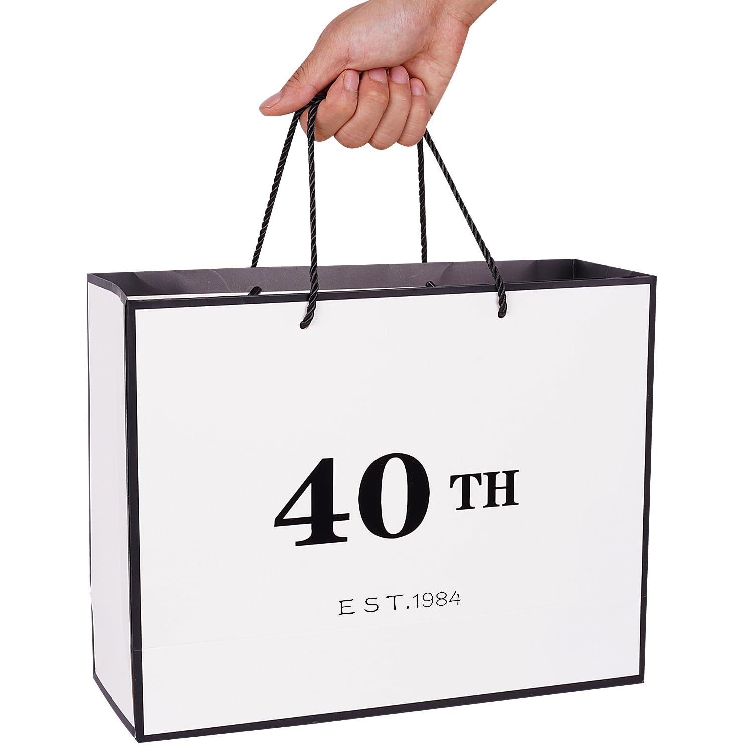 Jaywayang 40th Birthday White and Black Large Gift Bag with Card and Tissue Paper, Metallic Printing Keepsake Gift Vintage Bag for Men Women,