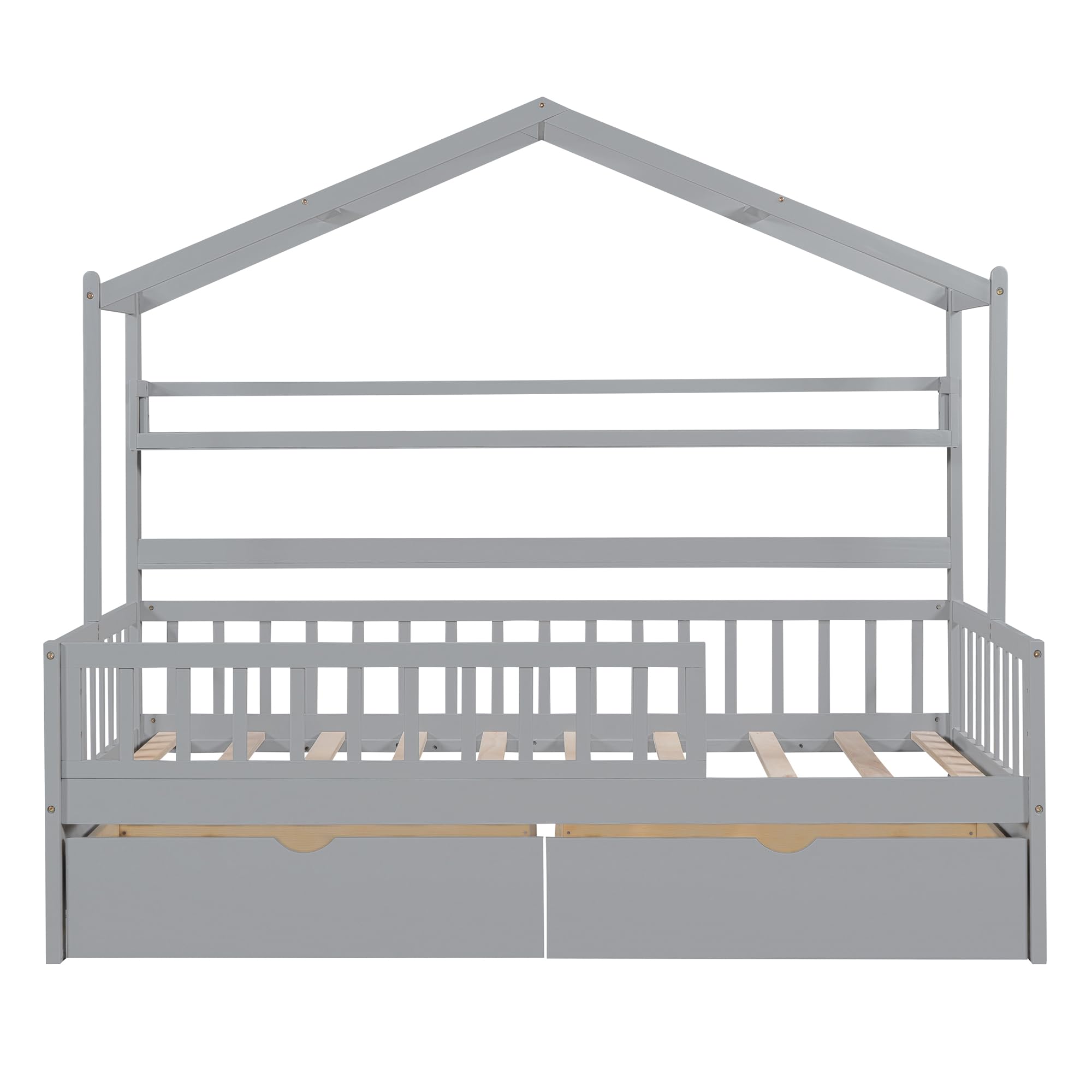 Harper & Bright Designs Twin House Bed with 2 Storage Drawers, Kids Twin Platform Bed Frame with Storage Shelves, Fence and Roof, Tent Bed, Wood Playhouse Bed Twin for Kids Teens Girls & Boys (Gray)