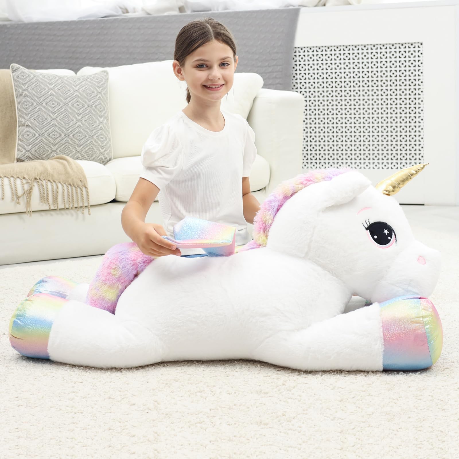 FFxiong 44 Inch Giant Unicorn Stuffed Animal Pillow, Cute Soft Big Unicorn with Rainbow Wings Large Plush Toy, Gifts for Girlfriend Girls Boys Kids Birthday Valentines Christmas