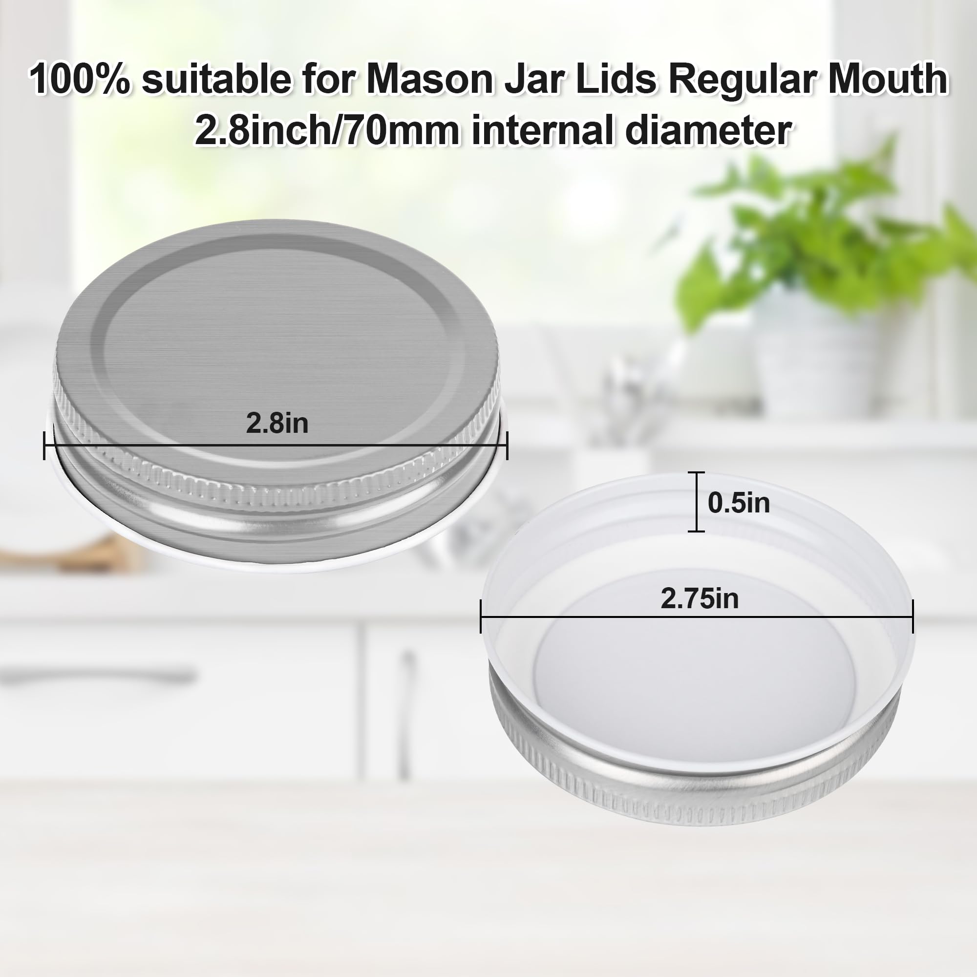 BSL® 48 Packs 2.75 Inch Mason Jar Lids Regular Mouth Leak Proof Secure Mason Storage Solid Caps Jars Lids，Leak Proof,Airtight,Silicone Seal,Seal Tinplate Metal Can Lids (Silver，2.75 inch/70MM)