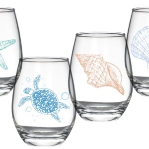 Ocean Themed Stemless Wine Glasses, Set of 4 Seashore Glassware - Sea Turtle, Starfish, Seashell, Conch Shell Assortment, Gifts for Coastal Beach Sea Lovers, Birthday Gifts for Women Mothers Day