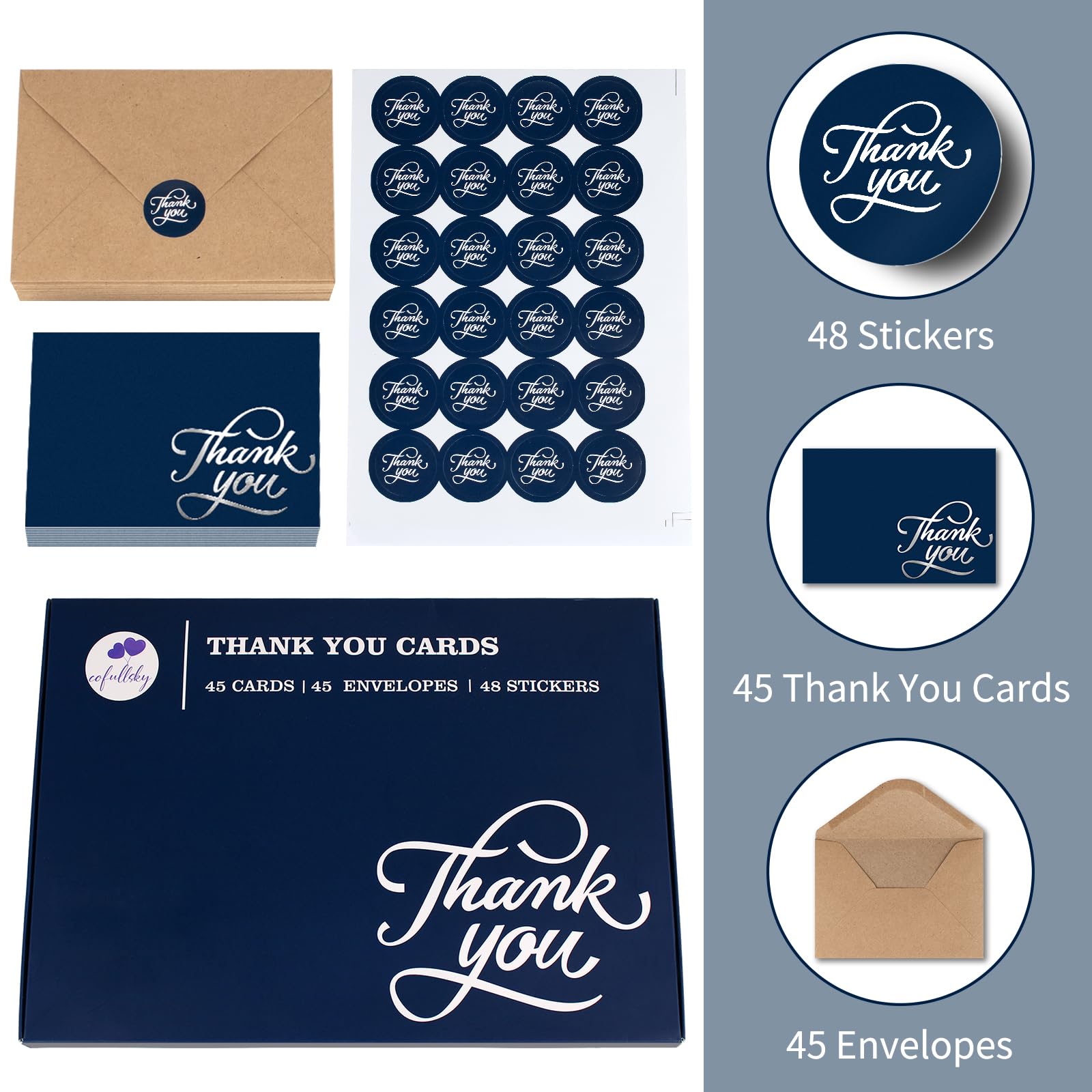 cofullsky 45 PCS Thank You Cards with Envelopes, Navy Blue Thank You Cards bulk 3.5” X 5” Blank Silver Foil Design Bridal Baby Shower Wedding Thank You Note Cards for Business Funeral Graduation 2024