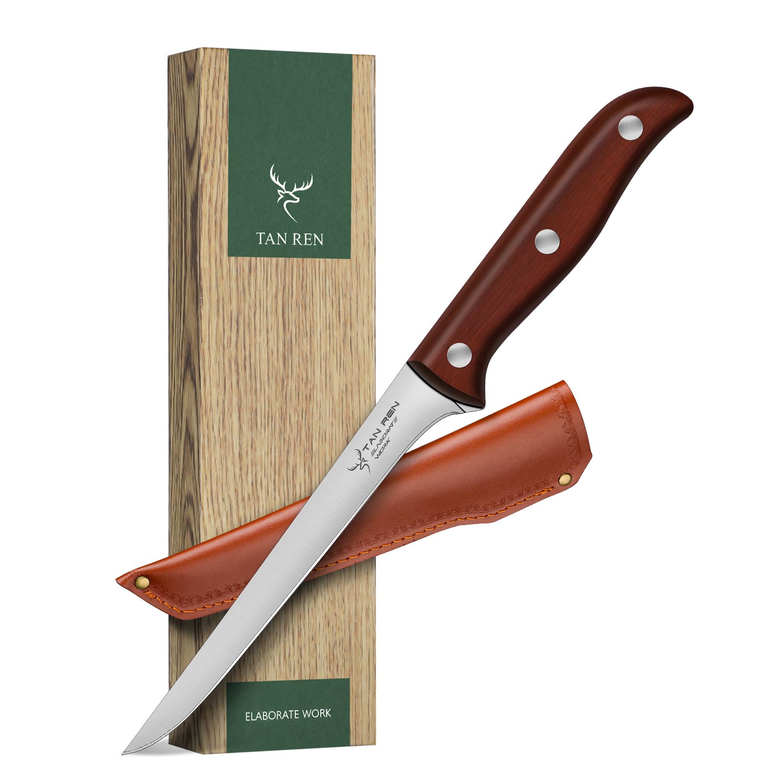 TAN REN Boning Knife 6 Inch, Stainless Brisket Trimming Knife with Sheath, Flexible Curved Boning Knife for Meat Cutting, Butcher Trimming Knife, Meat Trimming Knife for Brisket