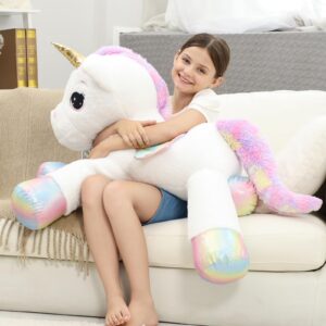 FFxiong 44 Inch Giant Unicorn Stuffed Animal Pillow, Cute Soft Big Unicorn with Rainbow Wings Large Plush Toy, Gifts for Girlfriend Girls Boys Kids Birthday Valentines Christmas