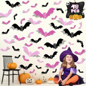 Pink Bats for Wall Halloween 3D Bats Blush and Black DIY Wall Decal Bathroom Indoor Cute Halloween Party Decorations, Pastel Halloween, PVC Wall Bat Stickers for Home (48pcs)