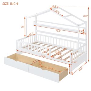 Harper & Bright Designs Twin House Bed with 2 Storage Drawers, Kids Twin Platform Bed Frame with Storage Shelves, Fence and Roof, Tent Bed, Wood Playhouse Bed Twin for Kids Teens Girls & Boys (White)