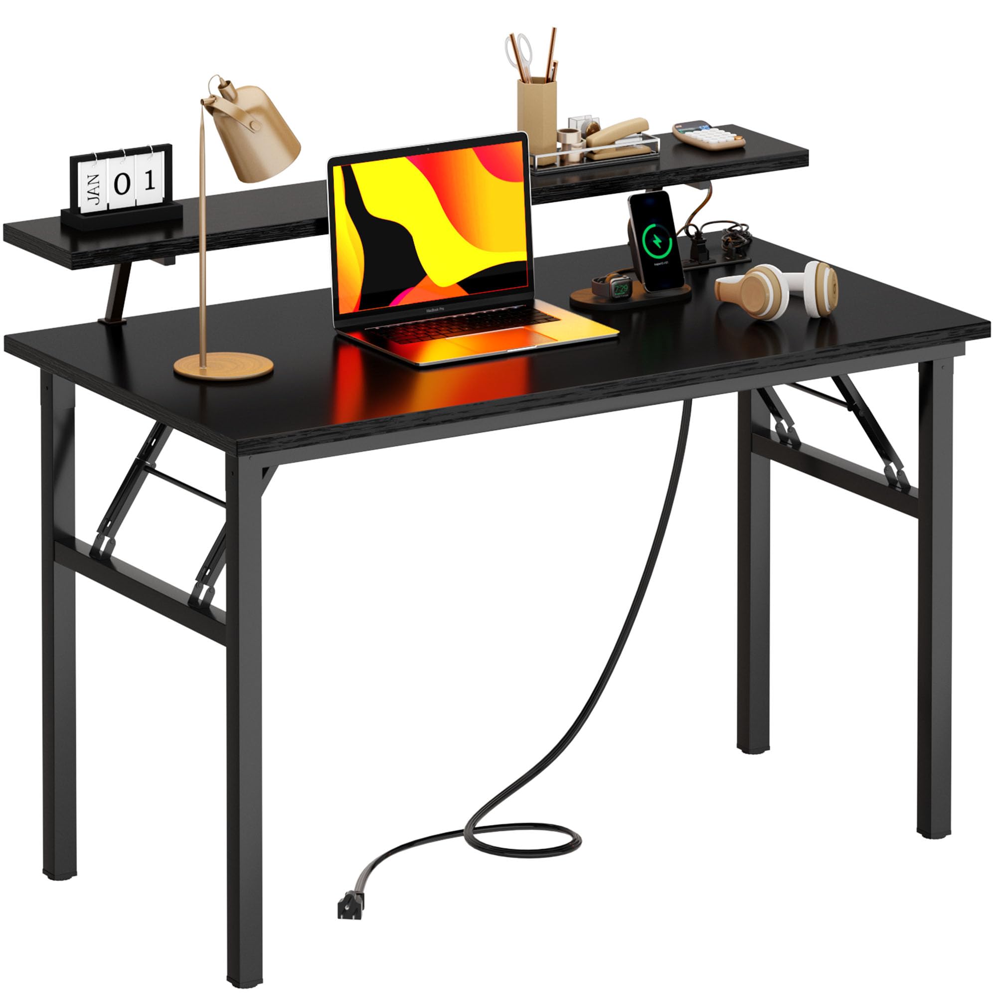 Need 39 Inch Small Folding Computer Desk with Power Outlets & Monitor Shelf Study Desk Gaming Desk with Led Lights Cup Holder & Headphone Holder,Black