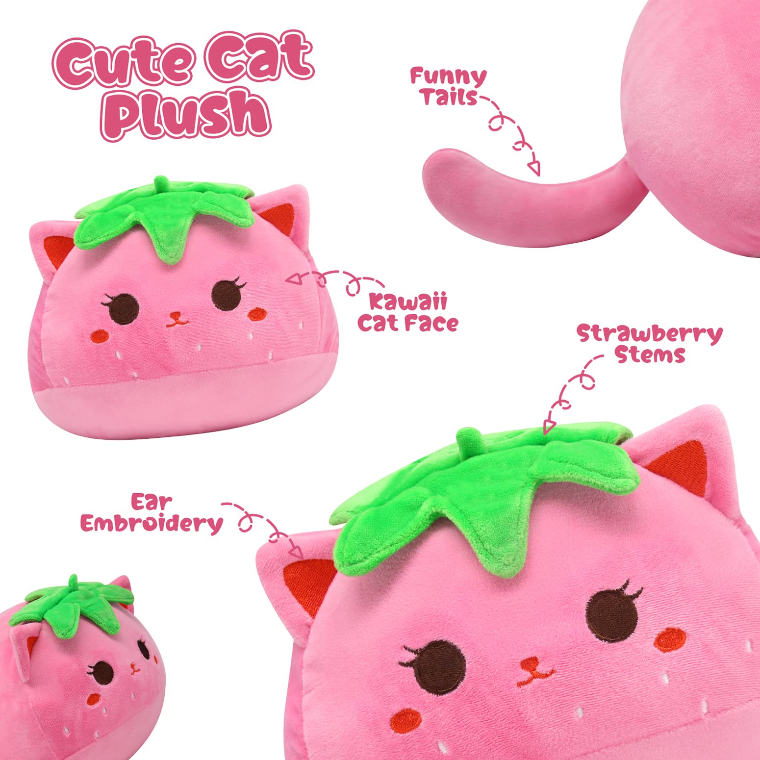 KOPHINYE Cat Plush Pillow, 12 Inch Strawberry Cat Plush Cute Cat Stuffed Animal, Pink Cat Plush Toy Soft Hugging Piilow for Kids, Girls and Boys, Birthday, Christmas, Home Decoration