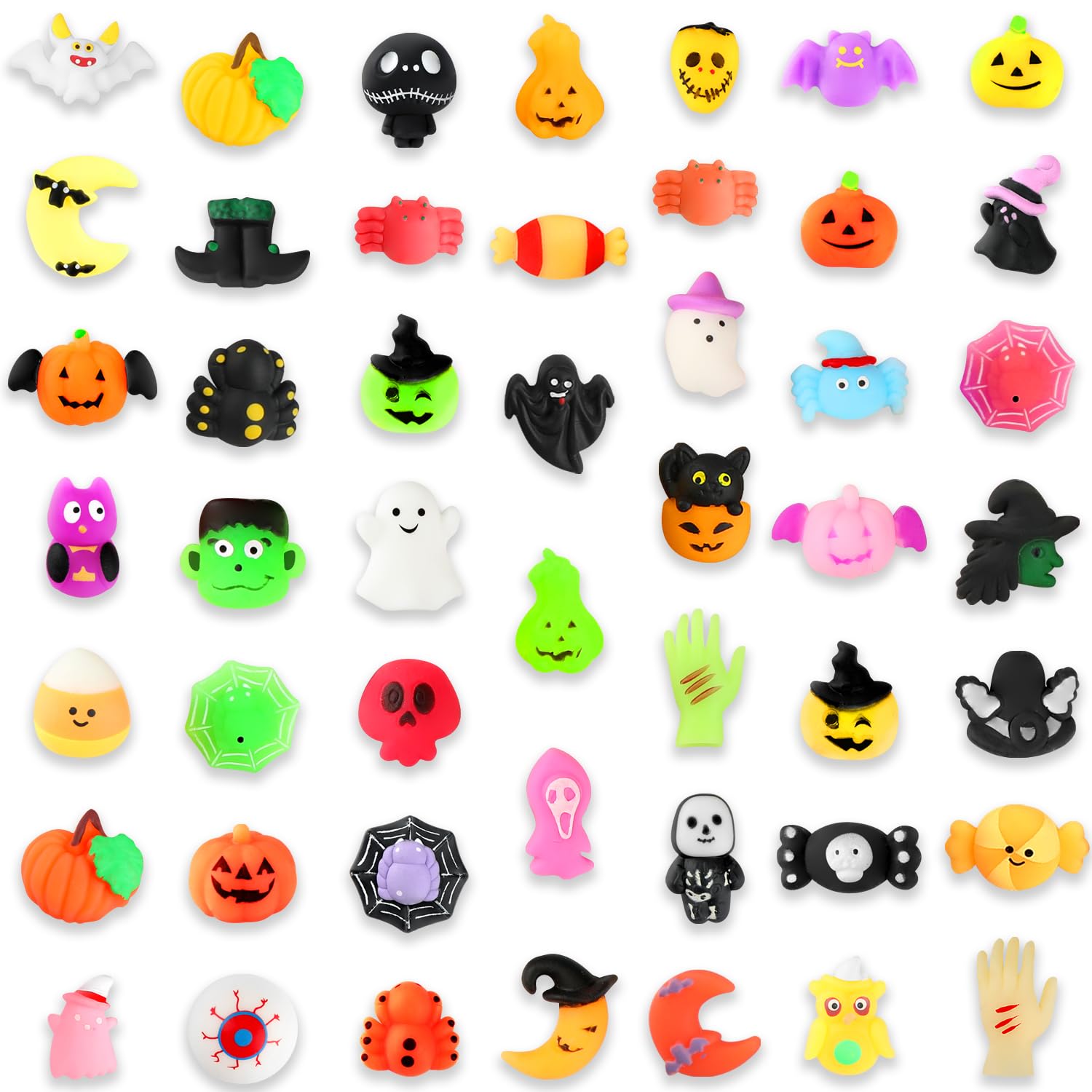 PHIMOTA Halloween Party Favors, 46 Pcs Mochi Squishy Toys Squishies for Kids, Stress Relief Toys for Halloween Goodie Bags Treats Decorations Classroom Prizes Birthday Gift Toys Pack