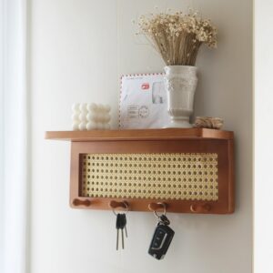 friade pe rattan key holder with 4 key hooks,wall mounted decorative floating shelf for entryway,nursery,mudroom, hallway, office (retro brown)