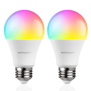 merkury smart a19 color changing light bulbs - 2-pack, dimmable, compatible with alexa and google assistant