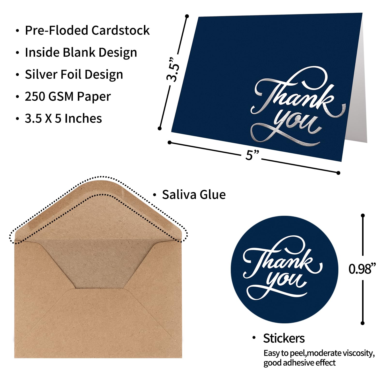 cofullsky 45 PCS Thank You Cards with Envelopes, Navy Blue Thank You Cards bulk 3.5” X 5” Blank Silver Foil Design Bridal Baby Shower Wedding Thank You Note Cards for Business Funeral Graduation 2024