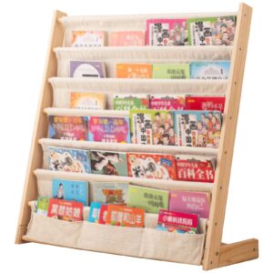 wooden bookshelf for kids wood bookrack canvas book storage shelf display bookshelf 6 tier kids book rack for bedroom living room playroom storage organizer natural (29.52" l x 11.81" w x 31.10" h)