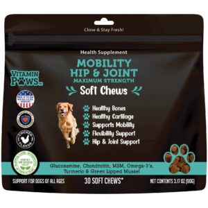 Vitamin Paws Mobility Hip and Joint Chews for Dogs Maximum Strength | Joints Health Supplement with Glucosamine, Chondroitin, MSM, Turmeric, Green Lipped Mussels, Wild Alaskan Salmon Oil, Omega 3