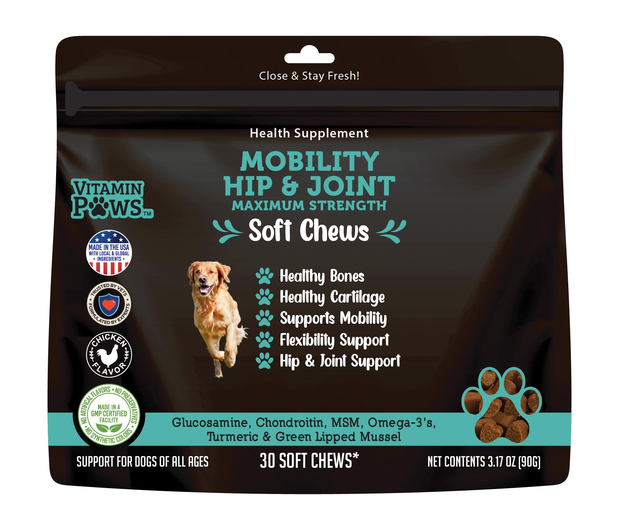 Vitamin Paws Mobility Hip and Joint Chews for Dogs Maximum Strength | Joints Health Supplement with Glucosamine, Chondroitin, MSM, Turmeric, Green Lipped Mussels, Wild Alaskan Salmon Oil, Omega 3