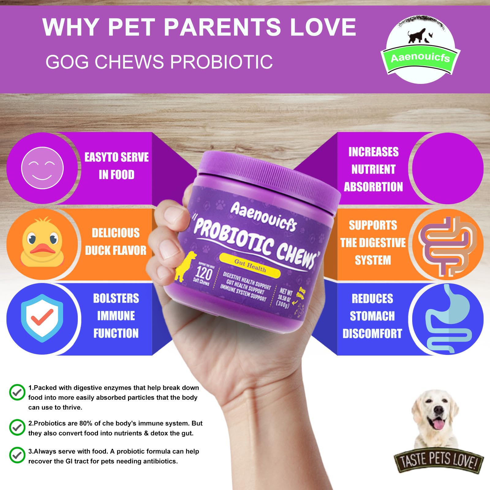 Probiotics for Dogs，Dog Probiotics and Digestive Enzymes，Health and Immune Support. Relieves Constipation, Bad Breath, Flatulence and Upset Stomach. Veterinarian Developed,120 Chews, Duck Flavor.