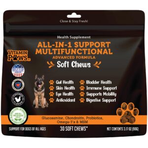 All-in-1 Multivitamin Dog Vitamins and Supplements | Soft Chews with Probiotics, Turmeric, Glucosamine, Omega Fish Oil, Digestive Enzymes for Hip and Joint Support, Skin and Coat Health