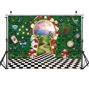 Wonderland Backdrop for Photography Wonderland Tea Party Decorations 8x6FT Fairy Tale Castle Rabbit Green Leaf Birthday Background for Kids Baby Shower Newborn Portrait Photo Props