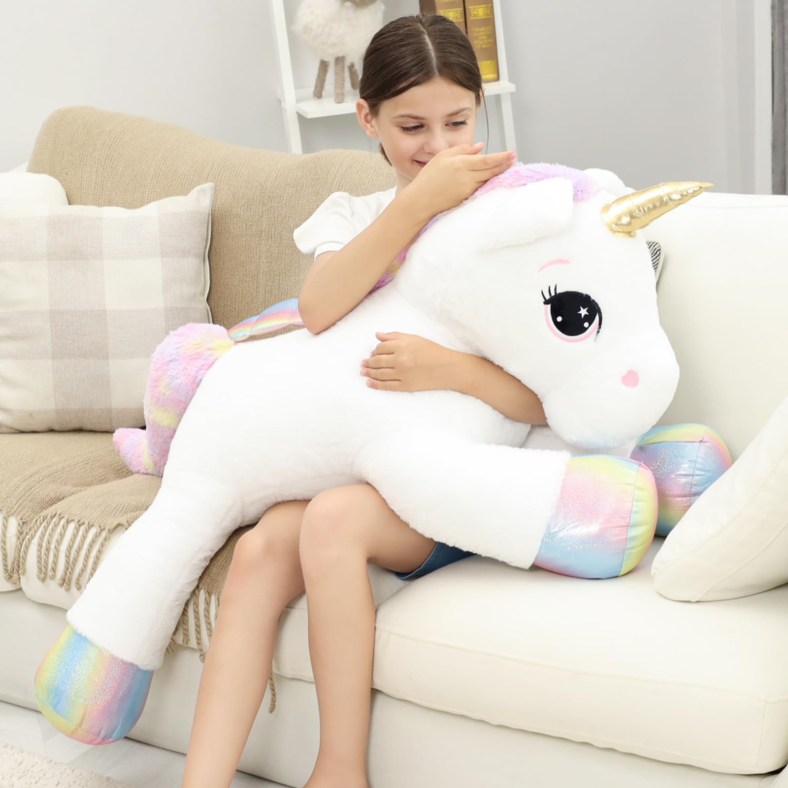 FFxiong 44 Inch Giant Unicorn Stuffed Animal Pillow, Cute Soft Big Unicorn with Rainbow Wings Large Plush Toy, Gifts for Girlfriend Girls Boys Kids Birthday Valentines Christmas