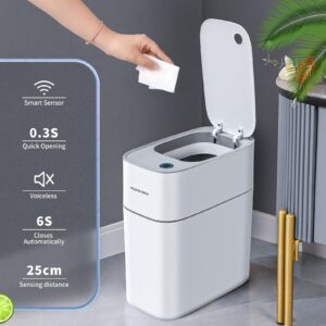 JOYBOS Trash Can with Lid Automatic Garbage Can, 3.8 Gallon Slim Small White Plastic Smart Trash Bin, Narrow Motion Sensor for Bedroom, Bathroom, Toilet Office