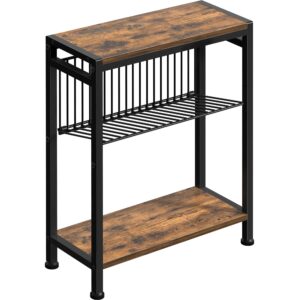 small side table for small space, 3-tier narrow end table with magazine holder,slim nightstand, skinny snack couch table in living room, bedroom study and balcony (rustic brown &black) patent pending