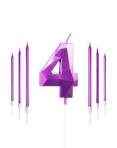 purple birthday candles number 4 candle with 6pcs long birthday candles for cake, 4 year old girl boy birthday party cake topper decorations wedding anniversary celebration supplies