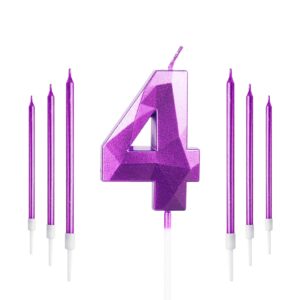 Purple Birthday Candles Number 4 Candle with 6pcs Long Birthday Candles for Cake, 4 Year Old Girl Boy Birthday Party Cake Topper Decorations Wedding Anniversary Celebration Supplies