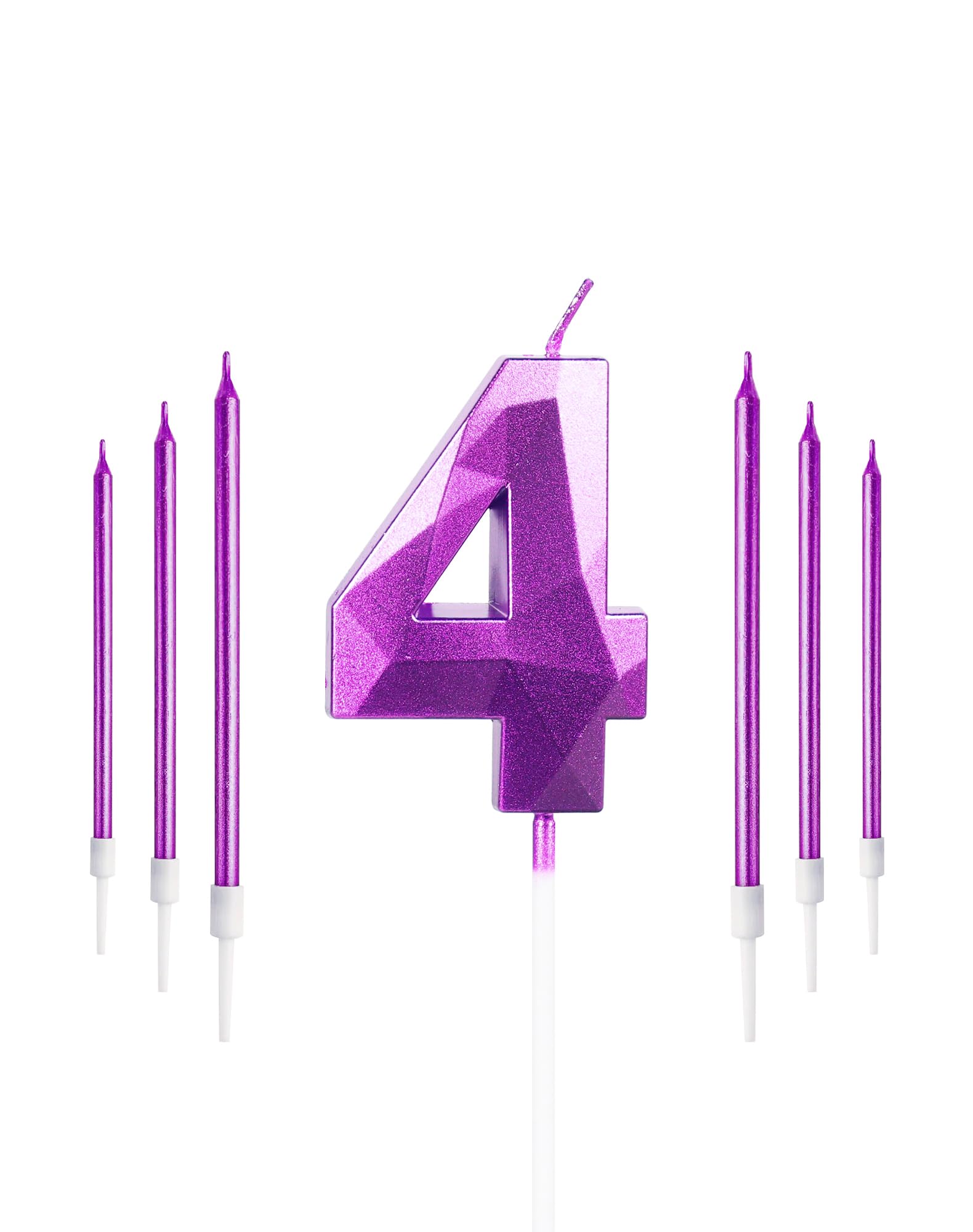 Purple Birthday Candles Number 4 Candle with 6pcs Long Birthday Candles for Cake, 4 Year Old Girl Boy Birthday Party Cake Topper Decorations Wedding Anniversary Celebration Supplies