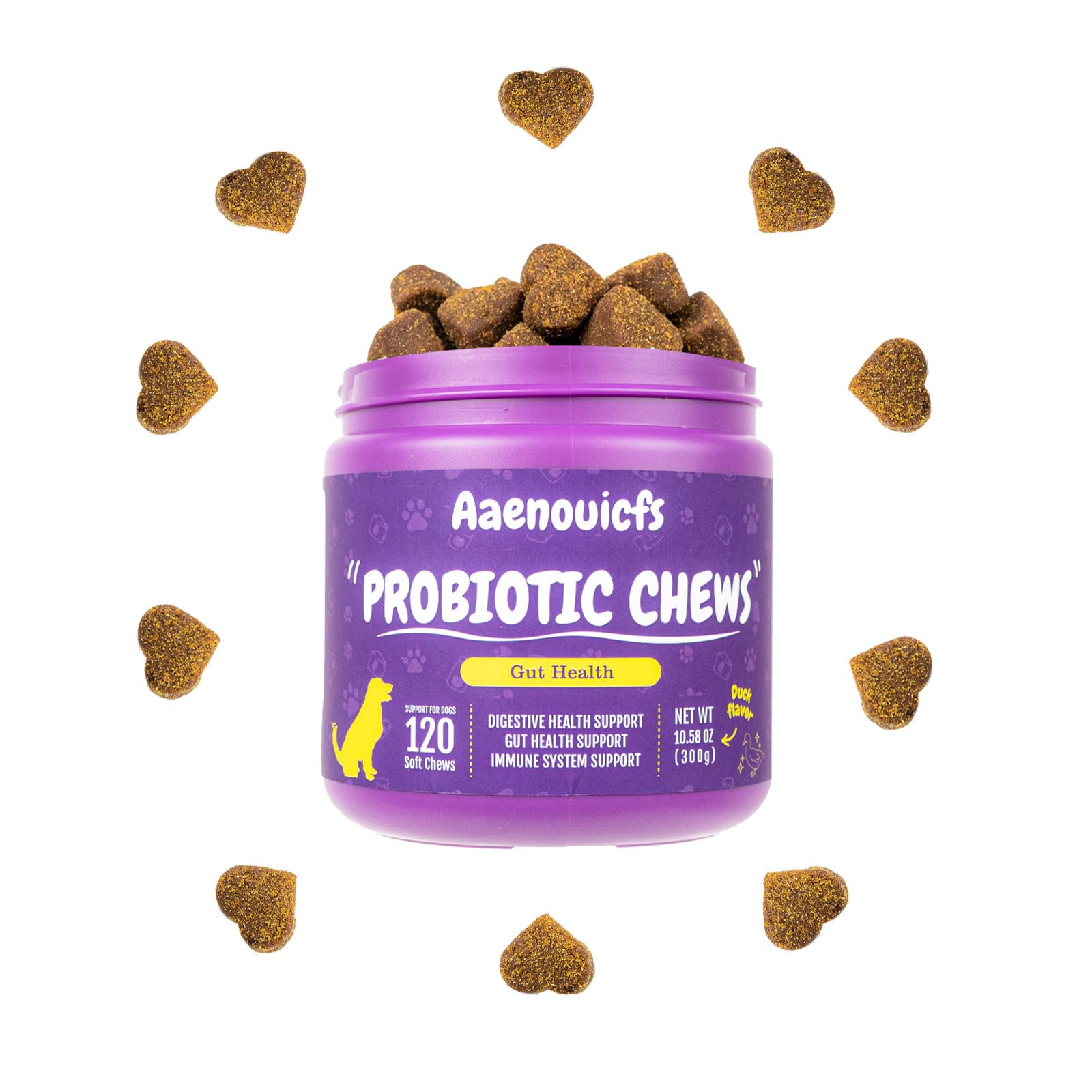 Probiotics for Dogs，Dog Probiotics and Digestive Enzymes，Health and Immune Support. Relieves Constipation, Bad Breath, Flatulence and Upset Stomach. Veterinarian Developed,120 Chews, Duck Flavor.