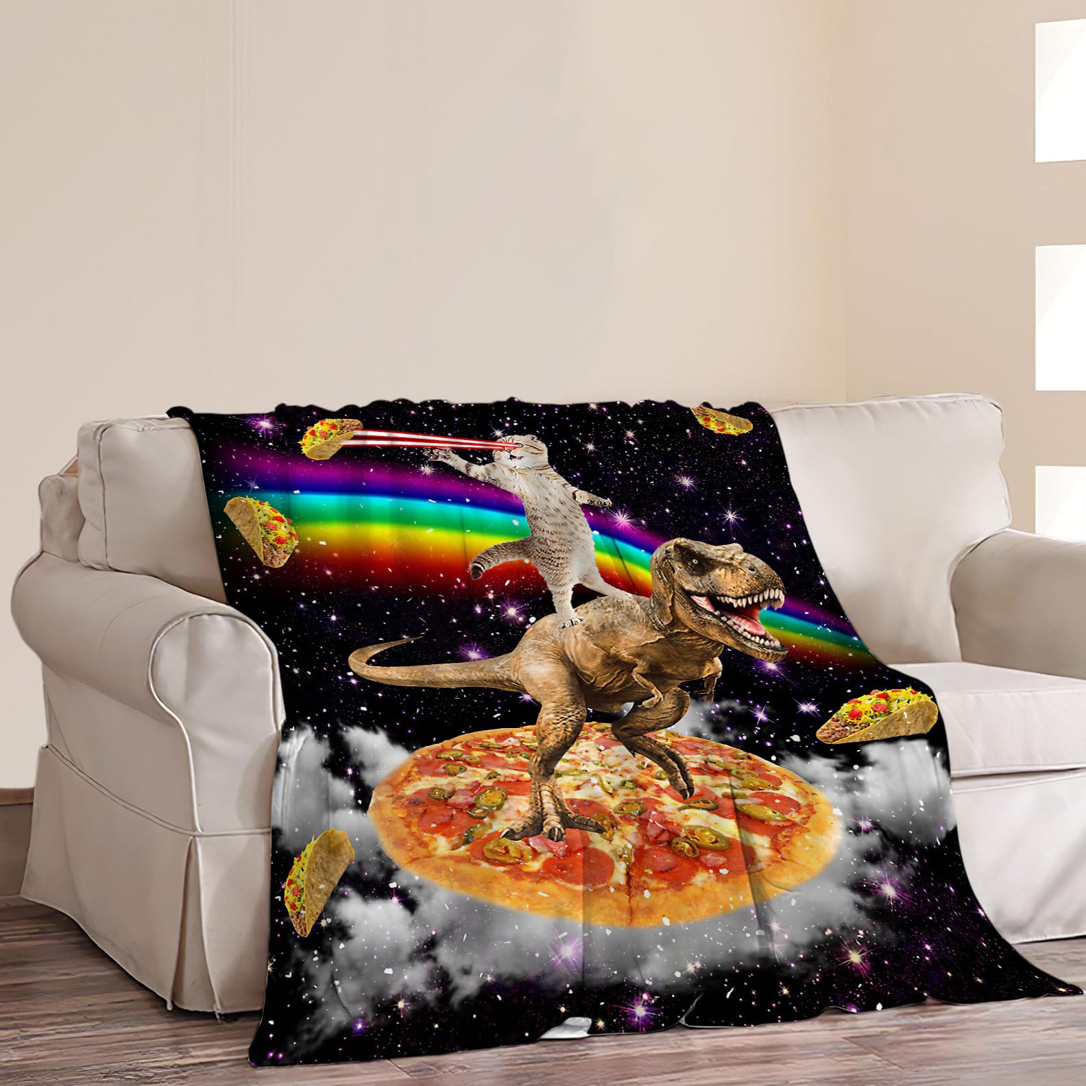 Funny Cat Dinosaur Blanket Soft Cozy Galaxy Space Rainbow Food Fleece Plush Throw Blanket All Season Ultra Warm Lightweight Fuzzy Taco Pizza Blanket Gifts for Girls Boys Women Men Bed 40"x50"