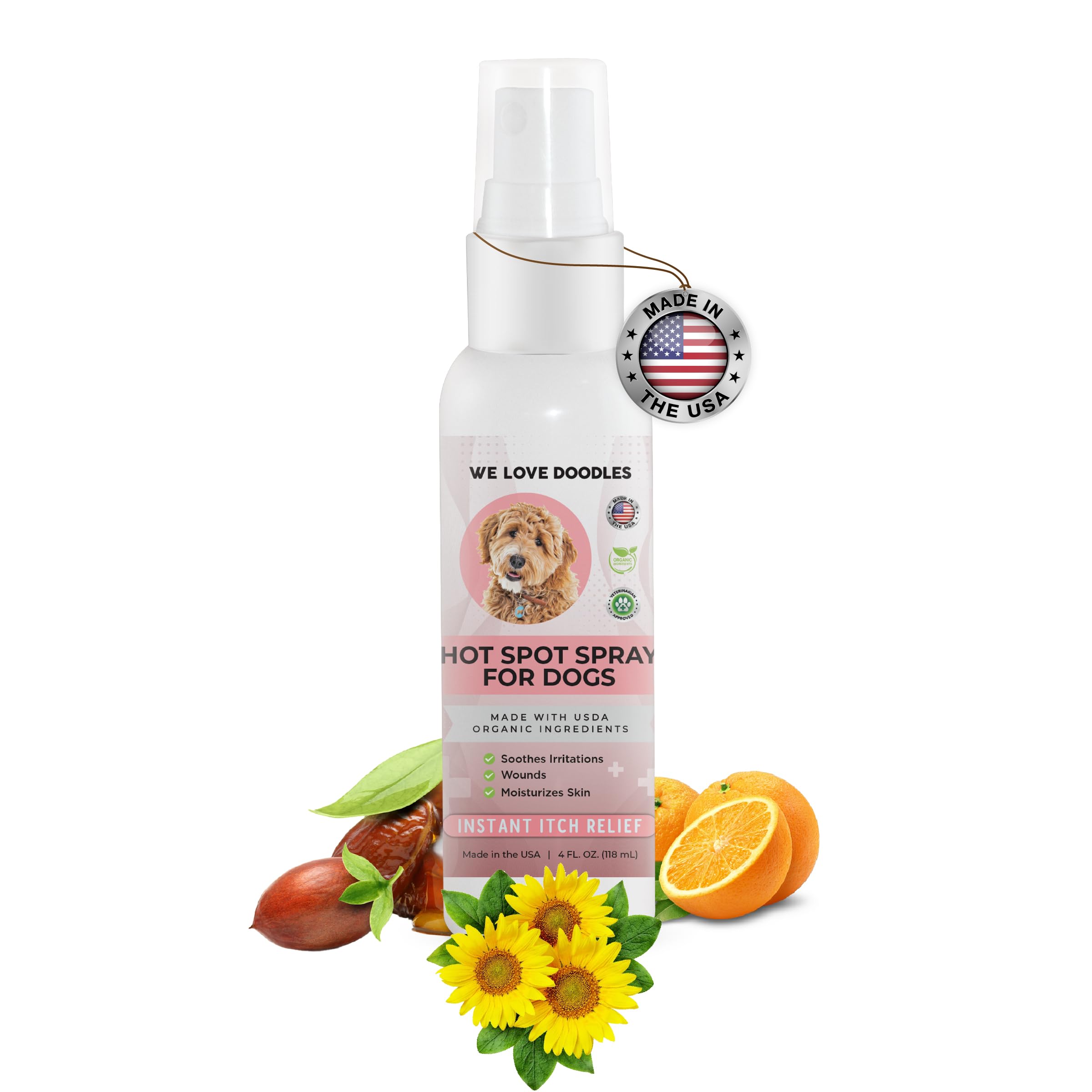 We Love Doodles USDA Organic Dog Hot Spot Spray, Itch Relief for Dogs Licking Paws, Made in USA, Anti-Itch Allergies, Dermatitis & Skin Irritation Treatment, Veterinarian Approved, 118mL