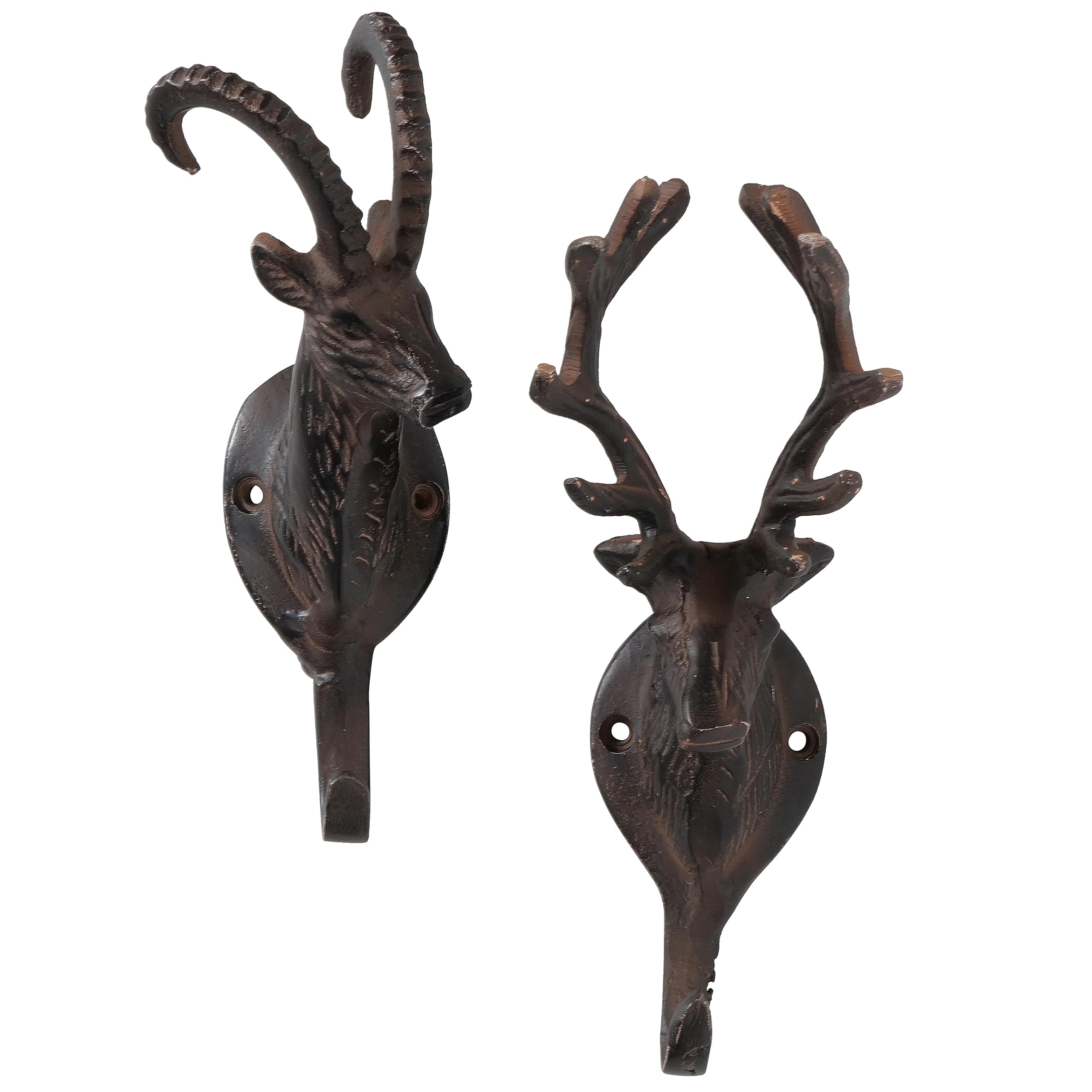 WHW Whole House Worlds Old Forge Stag and Ram Head Wall Hooks, Set of 2, Artisan Crafted, Hand Cast Aluminum, Rustic Brown, 8.25 Inches