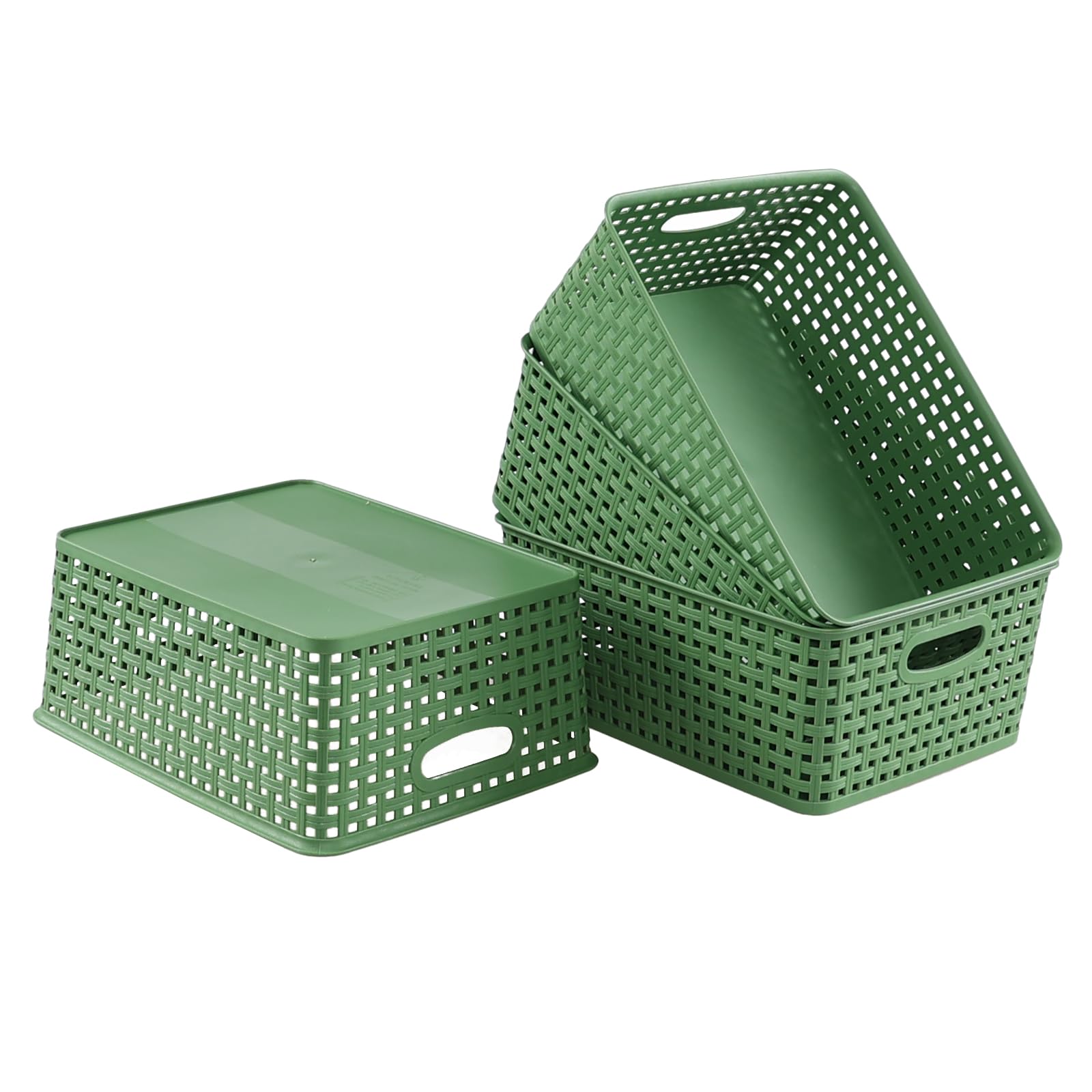 Sandmovie Plastic Woven Storage Baskets, Dark Green, 4 Pack