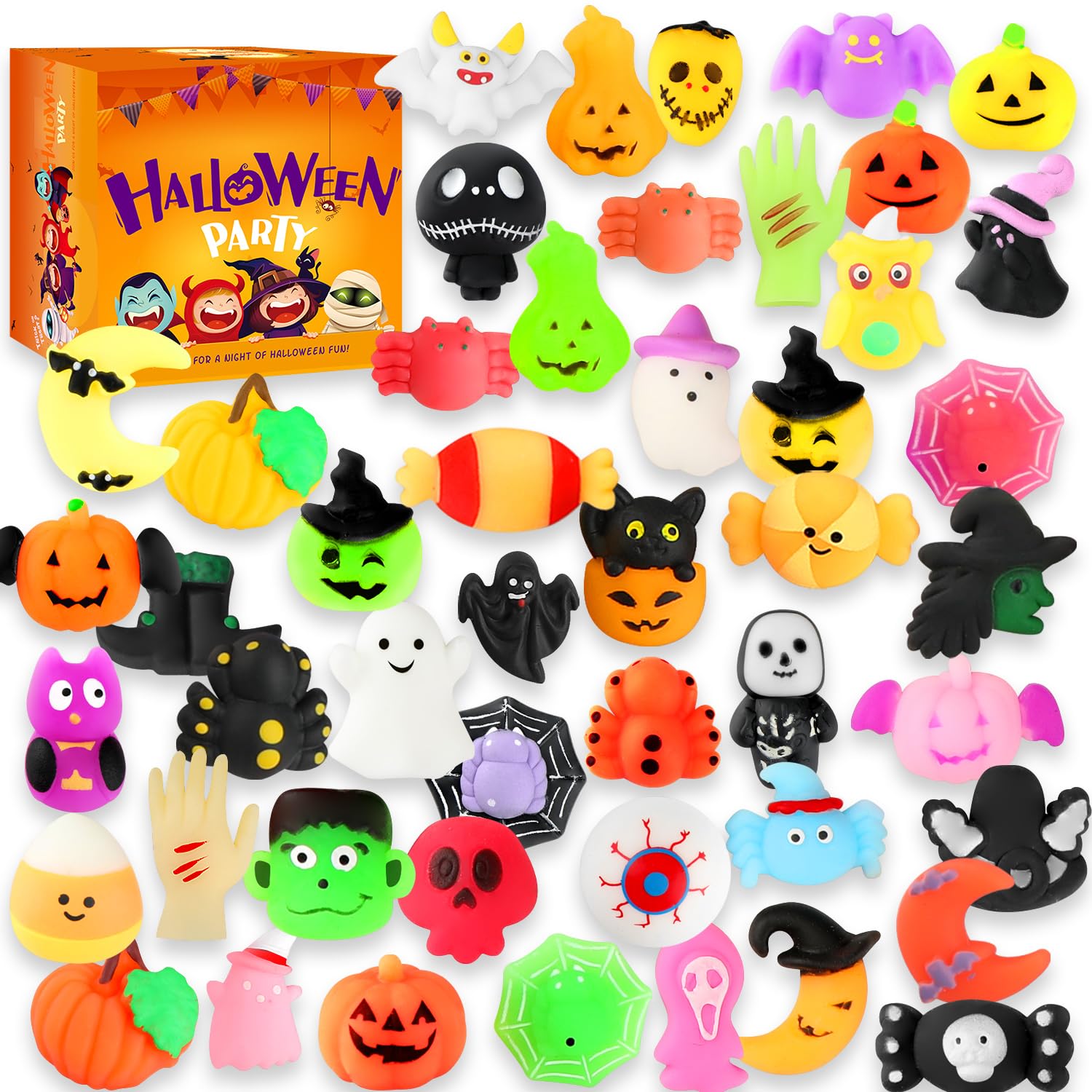 PHIMOTA Halloween Party Favors, 46 Pcs Mochi Squishy Toys Squishies for Kids, Stress Relief Toys for Halloween Goodie Bags Treats Decorations Classroom Prizes Birthday Gift Toys Pack