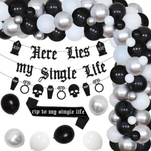 gothic bachelorette party decorations, here lies my single life rip to my single life halloween bridal shower engagement wedding decor - black silver balloons garland arch kit sash banner