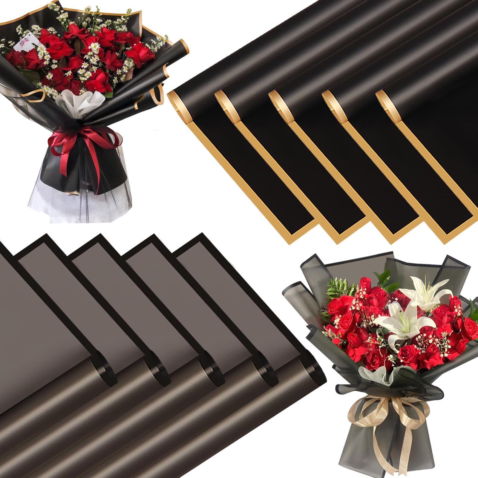 SYOGUA 20 Sheets Flower Wrapping Paper Black - Waterproof Floral Bouquets Wrapping Paper- 10Pcs Gold Edge & 10Pcs Translucent Black Edge Florist Supplies Gift Packaging Flower Paper Wrap