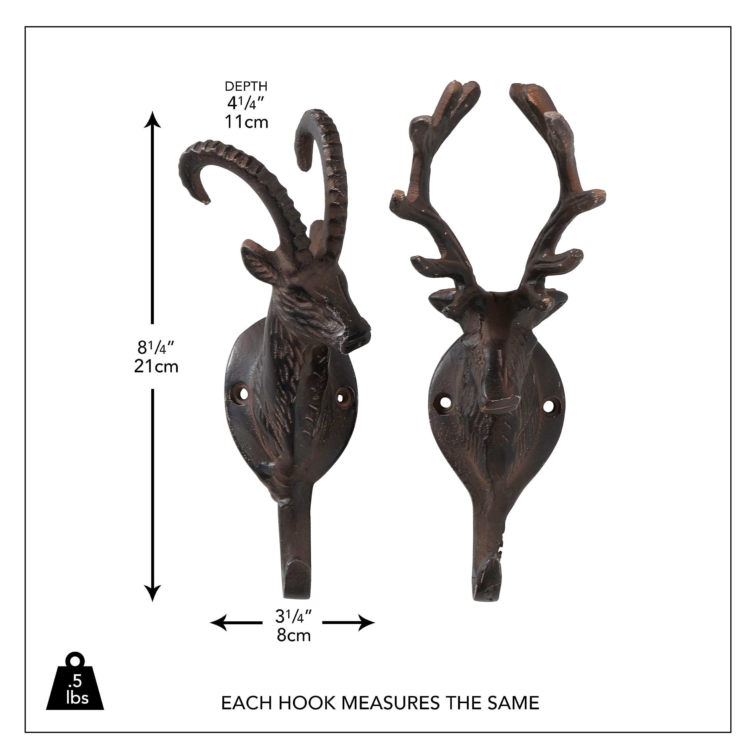 WHW Whole House Worlds Old Forge Stag and Ram Head Wall Hooks, Set of 2, Artisan Crafted, Hand Cast Aluminum, Rustic Brown, 8.25 Inches